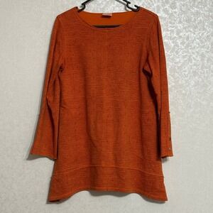 CMC Color Me Cotton Tunic Top Orange Textured Button Cuff Lagenlook Boho S